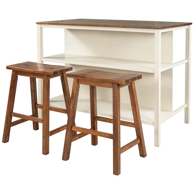 Solid Wood Rustic 3piece 45" Stationary Kitchen Island Set with 2